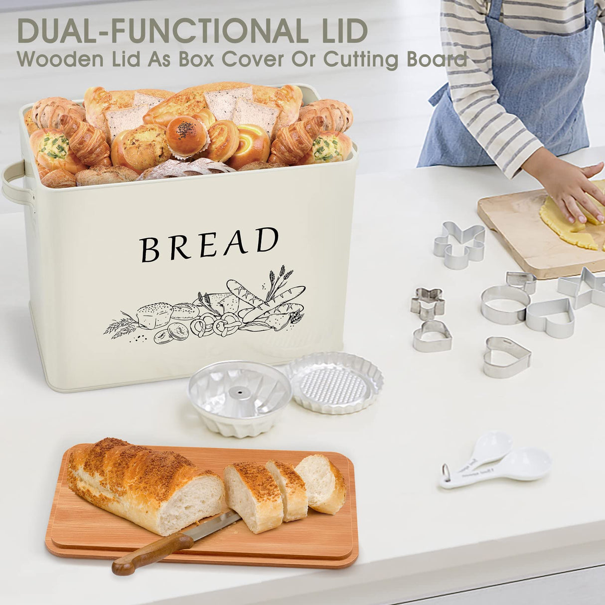 TeamFar Bread Box with Wooden Lid, 13.1” x 7.2” x 9.7” Bread Container Storage Holder for Family Farmhouse Kitchen Countertop, Powder-Coated & Healthy, Large Capacity & Classic Pattern (Off White) TeamFar