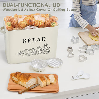 TeamFar Bread Box with Wooden Lid, 13.1” x 7.2” x 9.7” Bread Container Storage Holder for Family Farmhouse Kitchen Countertop, Powder-Coated & Healthy, Large Capacity & Classic Pattern (Off W - WoodArtSupply