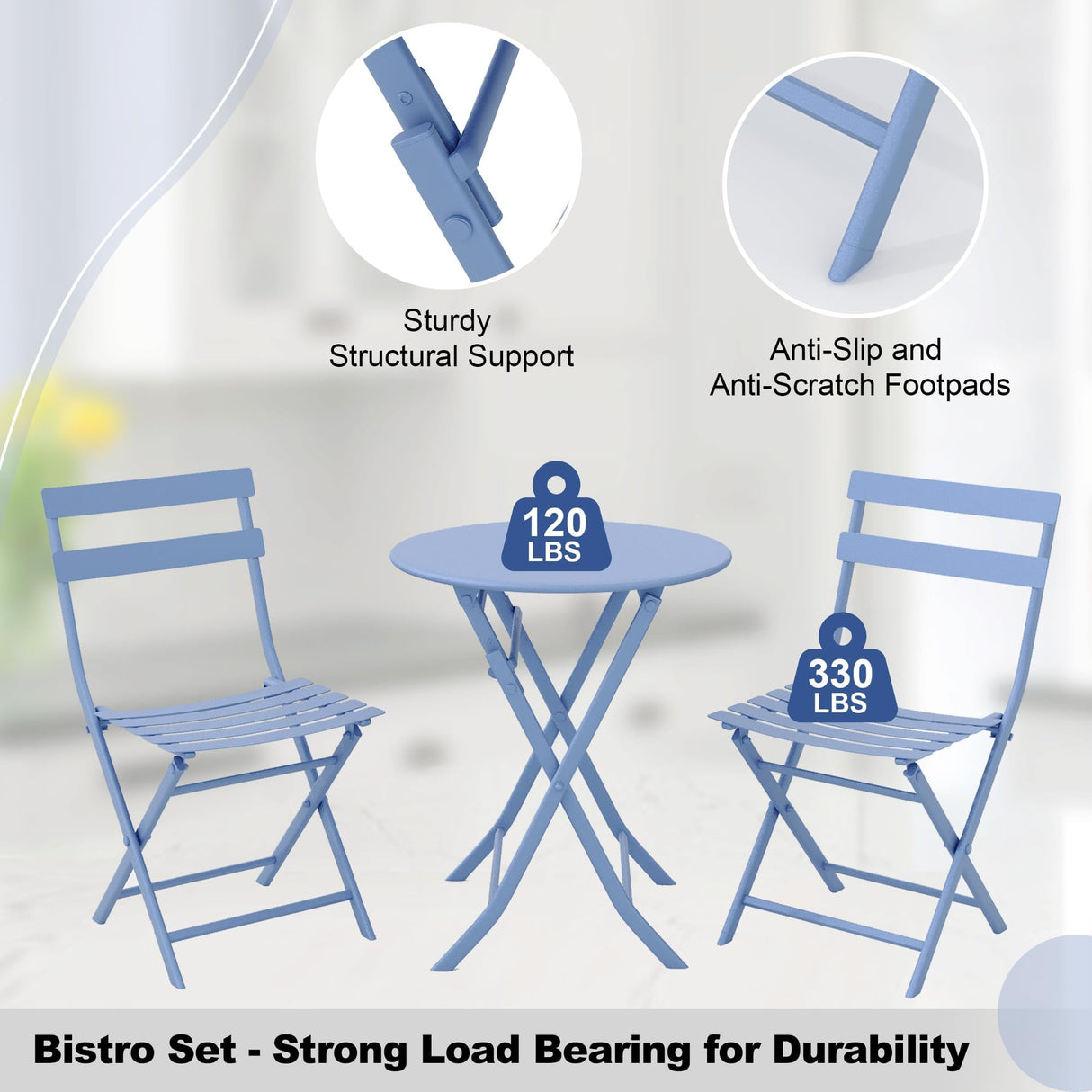 3 Piece Bistro Set Outdoor Indoor, Folding Bistro Table and Chairs Set of 2, Waterproof Patio Furniture for Balcony Porch Apartment Garden(Blue) Garvee