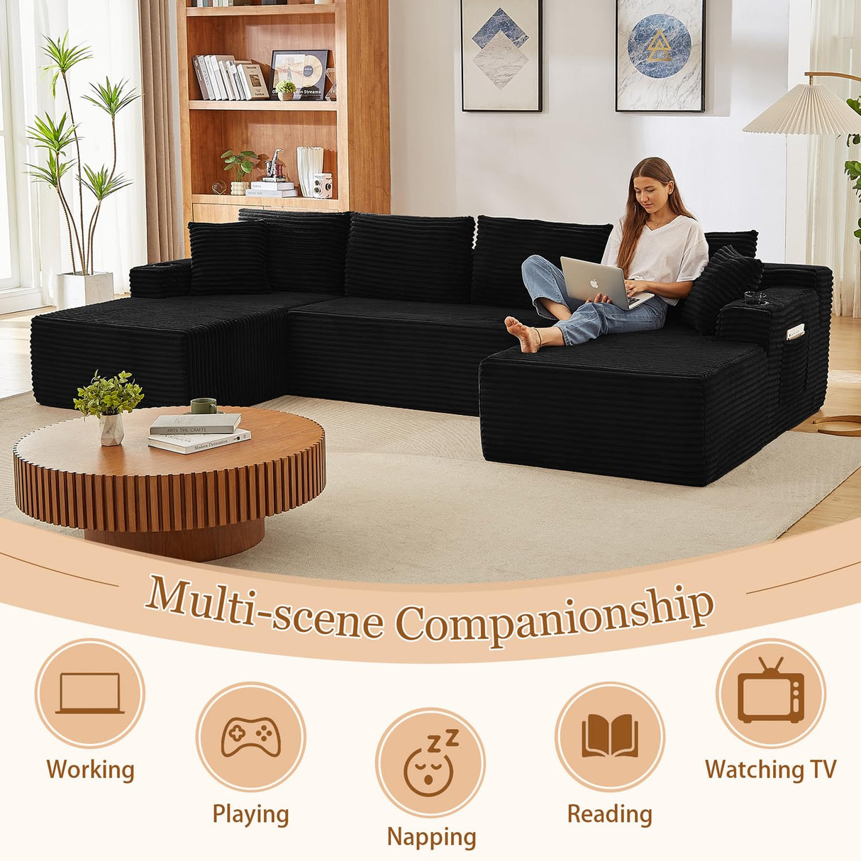 134 Inch Modular Sectional Sleeper Sofa, Boneless Cloud Couch for Living Room, U Shaped 5 Seat Sofa with 2 Storage Pockets& 2 Cup Holders, Free Combination, No Assembly Required (Black) HANXIN