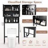 Tangkula Over The Toilet Storage Cabinet, Bathroom Space Saver with 2 Doors, Adjustable Shelf, 2 Side Hooks, Metal Stand, Freestanding Above Toilet Storage Cabinet for Restroom, Laundry (Black) Tangkula