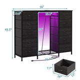 LUMTOK 55" W 2-in-1 Dresser with Hanging Rack, 10 Drawers Dresser for Bedroom,Dressers with Fabric Drawers,LED Lights, Charging Station and Hanging Racks for Bedroom LUMTOK