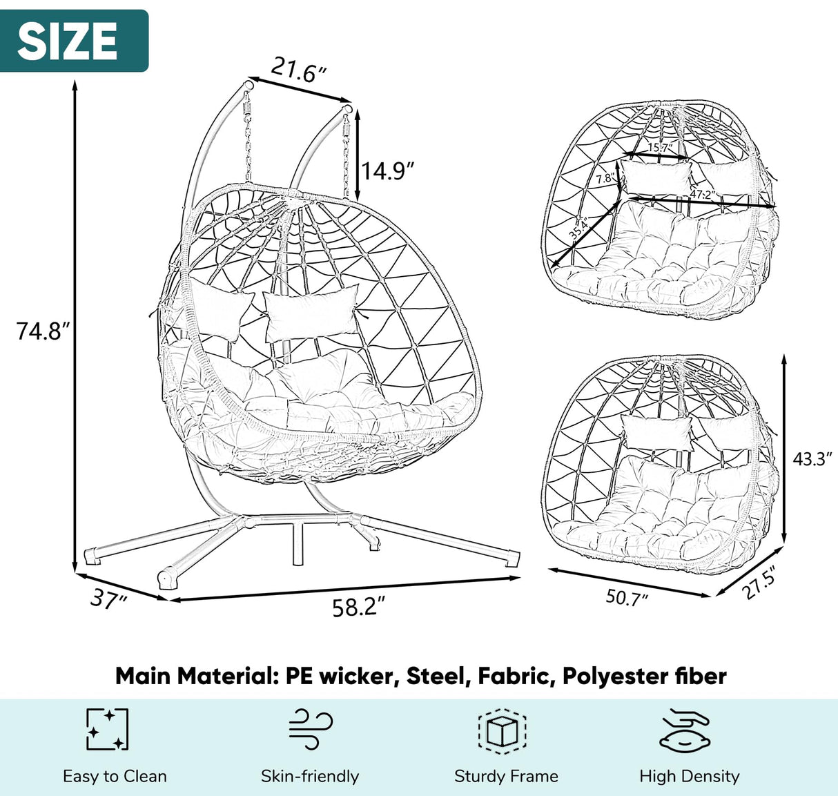 JOYBASE Double Swing Egg Chair with Stand, 2-Person Hanging Egg Chair Wicker Rattan Oversized Swinging Chair for Outdoor Indoor Garden Patio (Light Blue) JOYBASE
