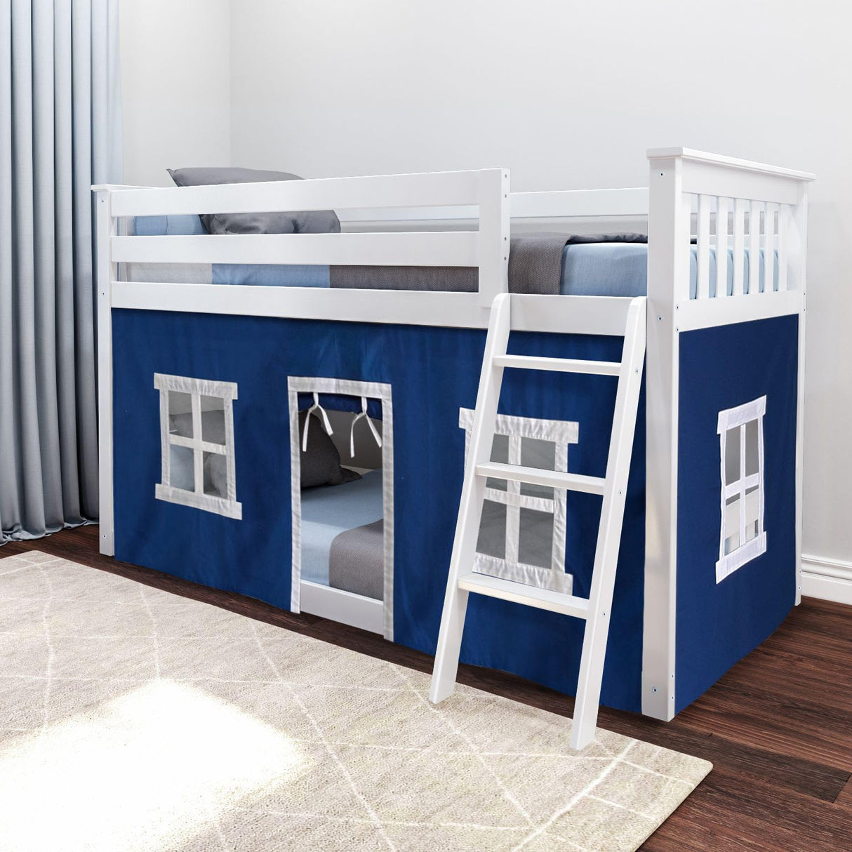 Max & Lily Low Bunk Bed, Twin-Over-Twin Bed Frame For Kids With Curtains For Bottom, White/Blue Max & Lily