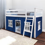 Max & Lily Low Bunk Bed, Twin-Over-Twin Bed Frame For Kids With Curtains For Bottom, White/Blue Max & Lily