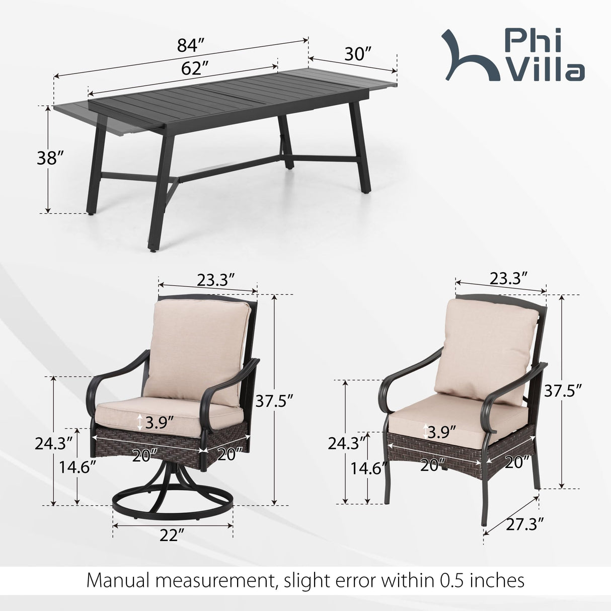 PHI VILLA Heavy Duty 9-Piece Patio Dining Sets, Expandable Outdoor Table and Chairs Set for 8, 8 Extra Large Dining Chairs(2 Swivel), Rectangular Metal Dining Table for Deck, Backyard and Garden PHI VILLA