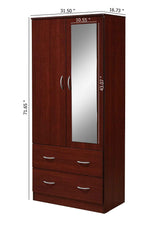 HODEDAH 2 Door Wood Wardrobe Bedroom Closet with Clothing Rod inside Cabinet, 2 Drawers for Storage and Mirror, Mahogany Hodedah