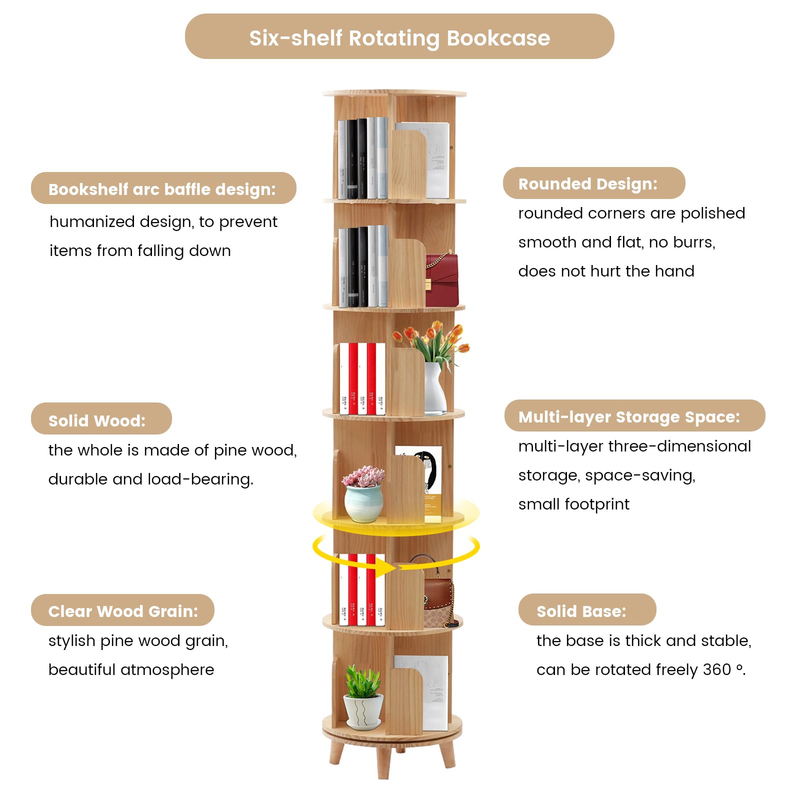 LyeXD 6-Tier Rotating Wood Bookshelf - Multi-Functional Display Bookcase for Any Room - WoodArtSupply