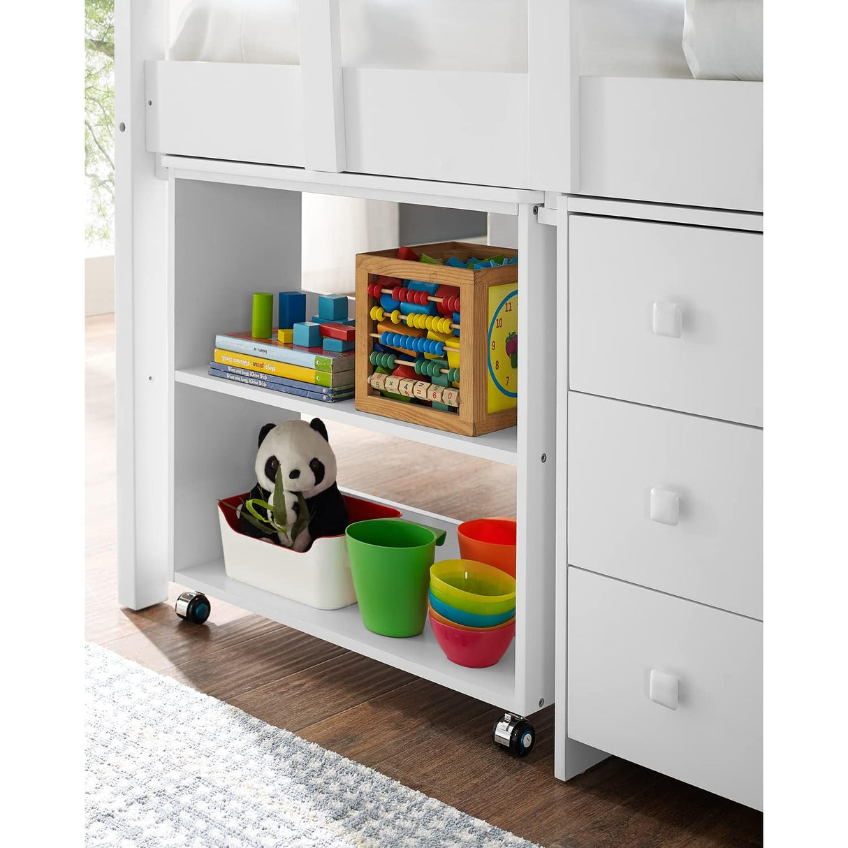 Naomi Home Twin Size Loft Bed with Storage, Desk, Cabinet Ladder, Low Study Pine Wood for Kids, Safety Guard Rails, Bookcase Shelf, White Naomi Home