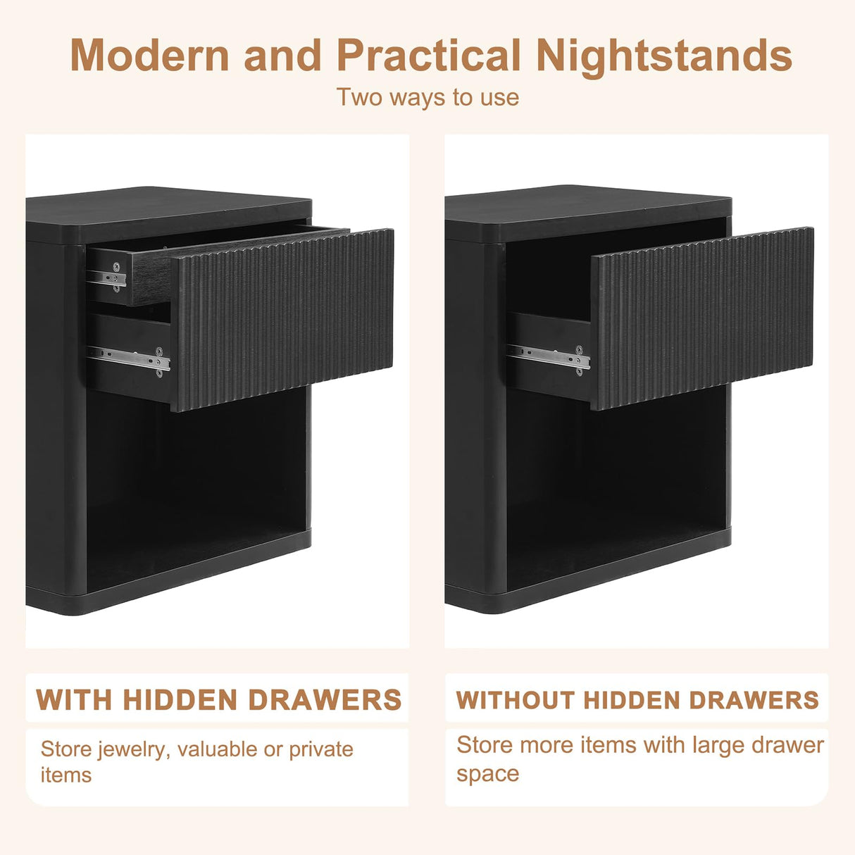 22.8" W Black Fluted Nightstand Set of 2 with 4 Drawers, Mid Century Modern Nightstand with Hidden Drawers, Large Night Stand, Accent End Table, Bedside Table with Open Shelf, Curved Profile Design XIAO WEI