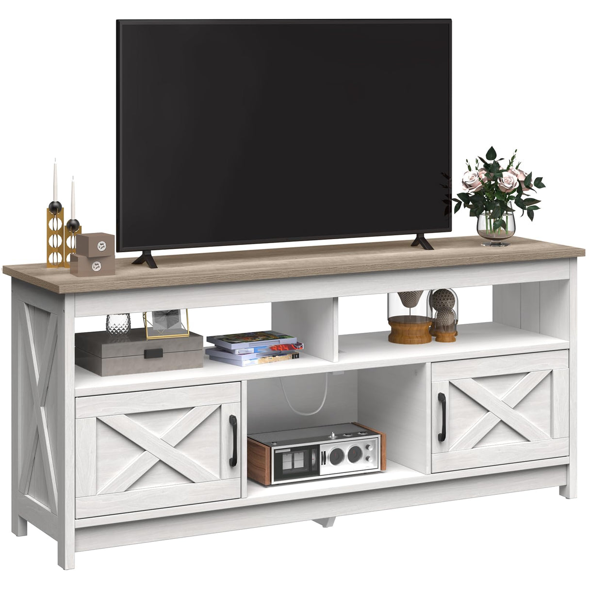 YITAHOME TV Stand for 65/55 Inch Television, Farmhouse Entertainment Center Television Stand with Power Outlets and Open Shelf, Media Console TV Cabinet for Living Room, Grey White/Grey Wash YITAHOME