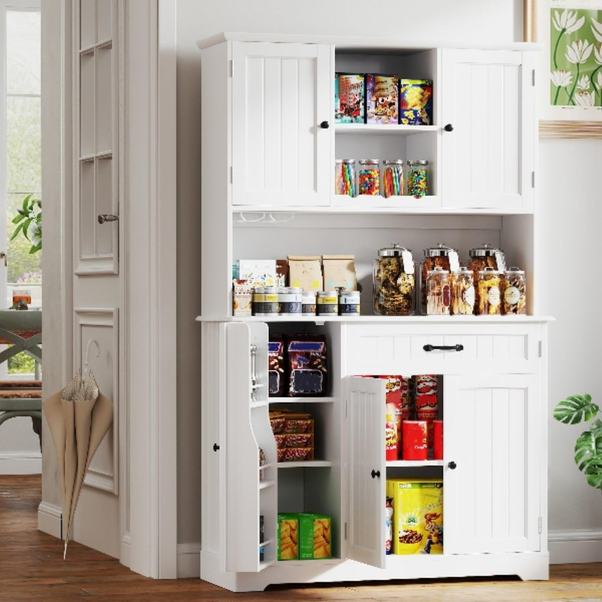 Gizoon 67" Kitchen Pantry Cabinet with Microwave Shelf Tall Coffee Bar Cabinet with Doors and Shelves Farmhouse Kitchen Hutch Cabinet with Storage for Kitchen Bathroom and Living Room, White Gizoon