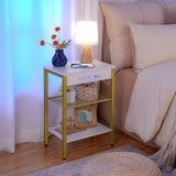 HOOBRO End Tables Set of 2 with Charging Station and USB Ports, 3-Tier Nightstands with Adjustable Shelves, Small Side Tables for Small Space in Living Room, Bedroom, White and Gold DW112BZP201G1 HOOBRO