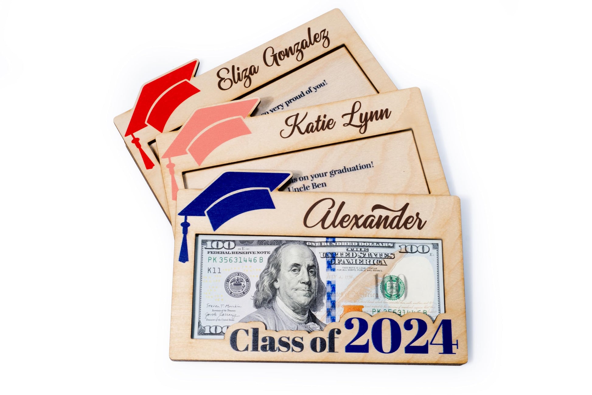 Graduation Money Holder 2024 Personalized, Graduation Gifts Money Holder w/Name and Message - 12 Graduation Cap Colors, Money Holder for Cash Gifts Graduation, Class of 2024 Graduation Gifts - WoodArtSupply