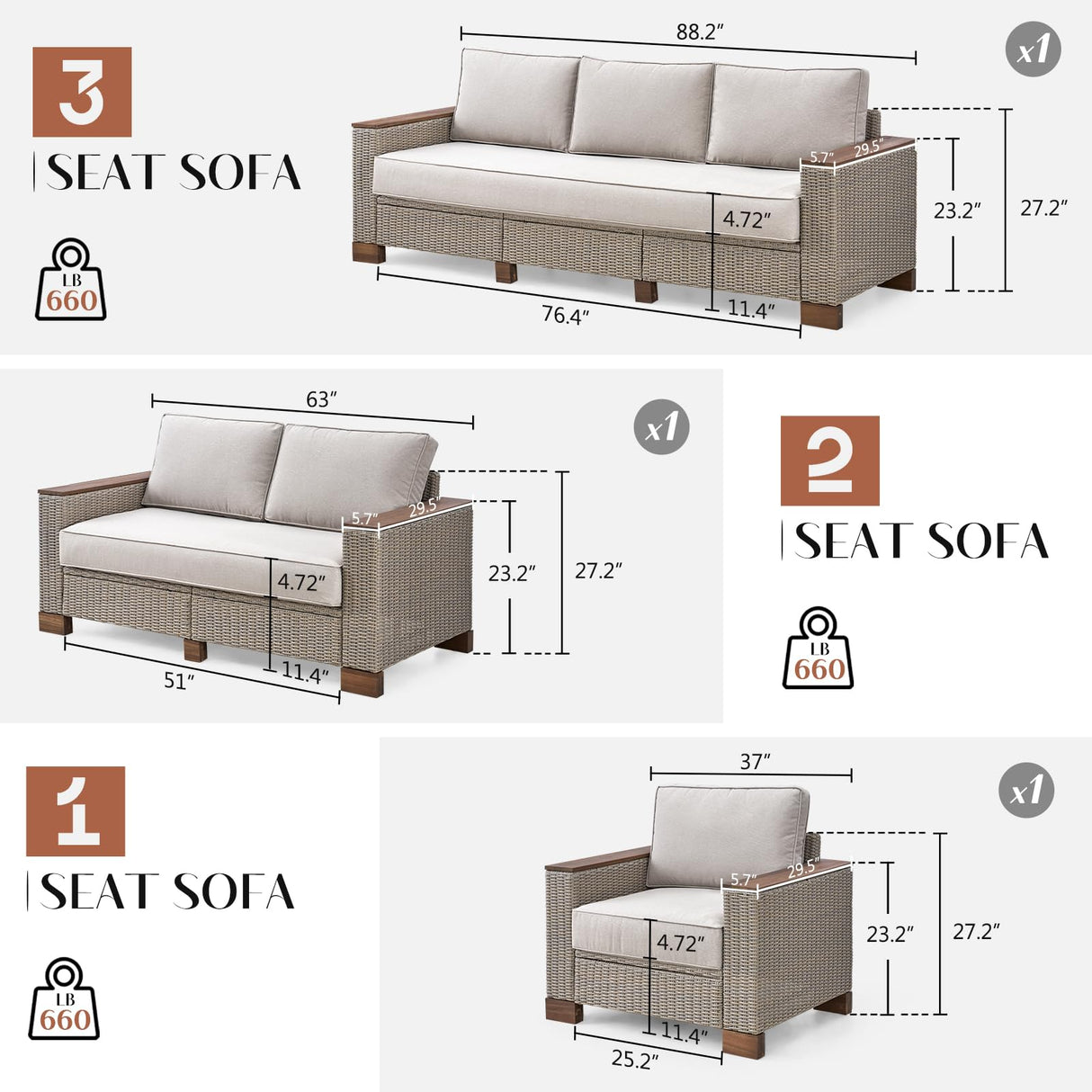 LUXOAK Patio Furniture Set, 6 Piece Wicker Patio Conversation Set with Wide Solid Wood Armrest, All Weather Outdoor Sectional Furniture with Wood Legs for Backyards, Porch, Poolside, Garden, Balcony LUXOAK