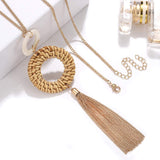 Long Necklace and Rattan Earrings Set for Women Handmade Long Tassel Rattan Necklace Wicker Earring Lightweight Weave Statement Jewelry (Brown) UYT