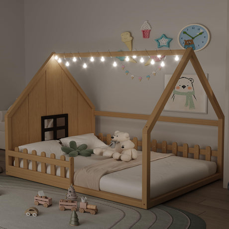 Full Size Floor Bed for Kids: Wood Montessori Bed with Fence & LED Light Full House Bed with Rails | Window Design for Girls Boys - Natural Mirightone