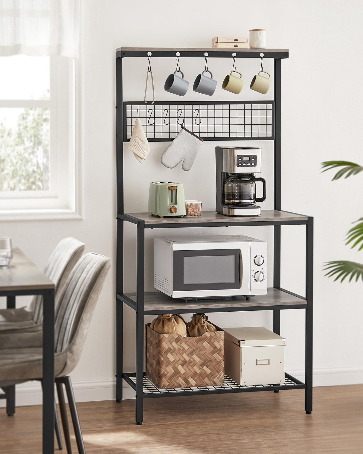 VASAGLE Bakers Rack, Coffee Bar, Kitchen Storage Shelf Rack with 10 Hooks, 3 Shelves, Adjustable Feet, for Microwave Oven, 15.7 x 33.1 x 66.9 Inches, Industrial, Greige and Black UKKS017B02 VASAGLE