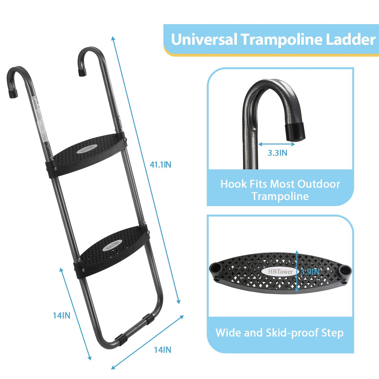 HBTower Trampoline Ladder, 2 Steps with Wide Steps, Trampoline Storage Bag, Universal Hook, 220 lbs Capacity Trampoline Accessories for Children Kids, Black HBTower