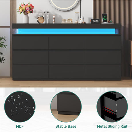 St.Mandyu 9 Drawer Dresser with Power Outlet, 63" Wide Dresser with LED Light, Modern Chest of Drawers for Closet, Double Drawer Organizer Cabinet for Bedroom, Living Room, Black St.Mandyu