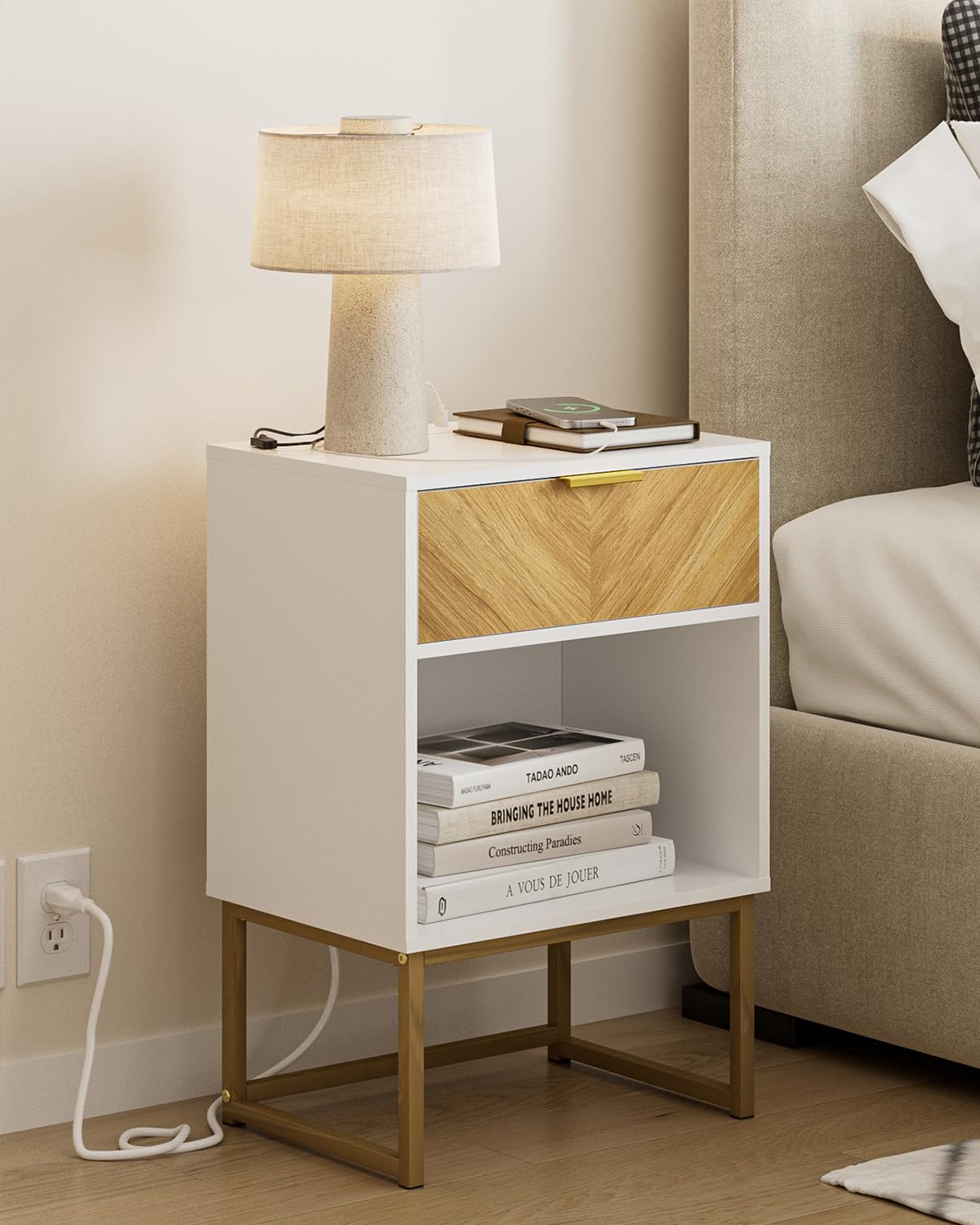 Masupu Night Stand with Charging Station,Modern Nightstand Boho Farmhouse Wood Bedside Table with Storage Drawer Side End Table for Bedroom,Living Room,Office,White with Outlet - WoodArtSupply