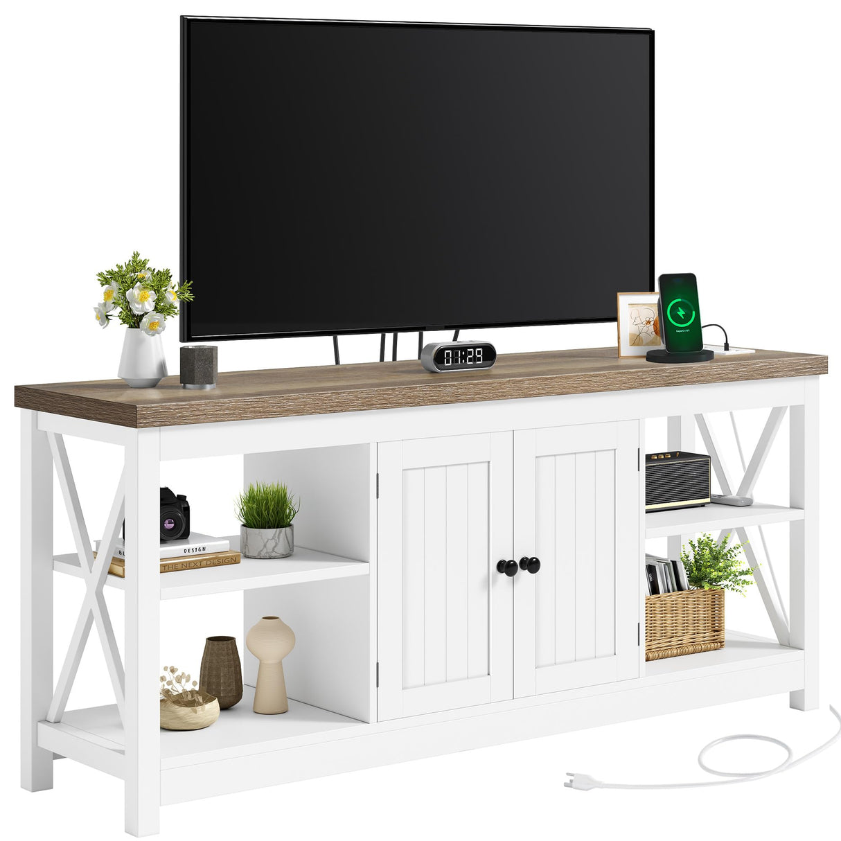 YITAHOME TV Stands for Living Room, Modern Entertainment Center with Power Outlets for Television up to 65 Inch, Farmhouse Media Console TV Cabinet with Adjustable Shelf & Open Shelves, White YITAHOME