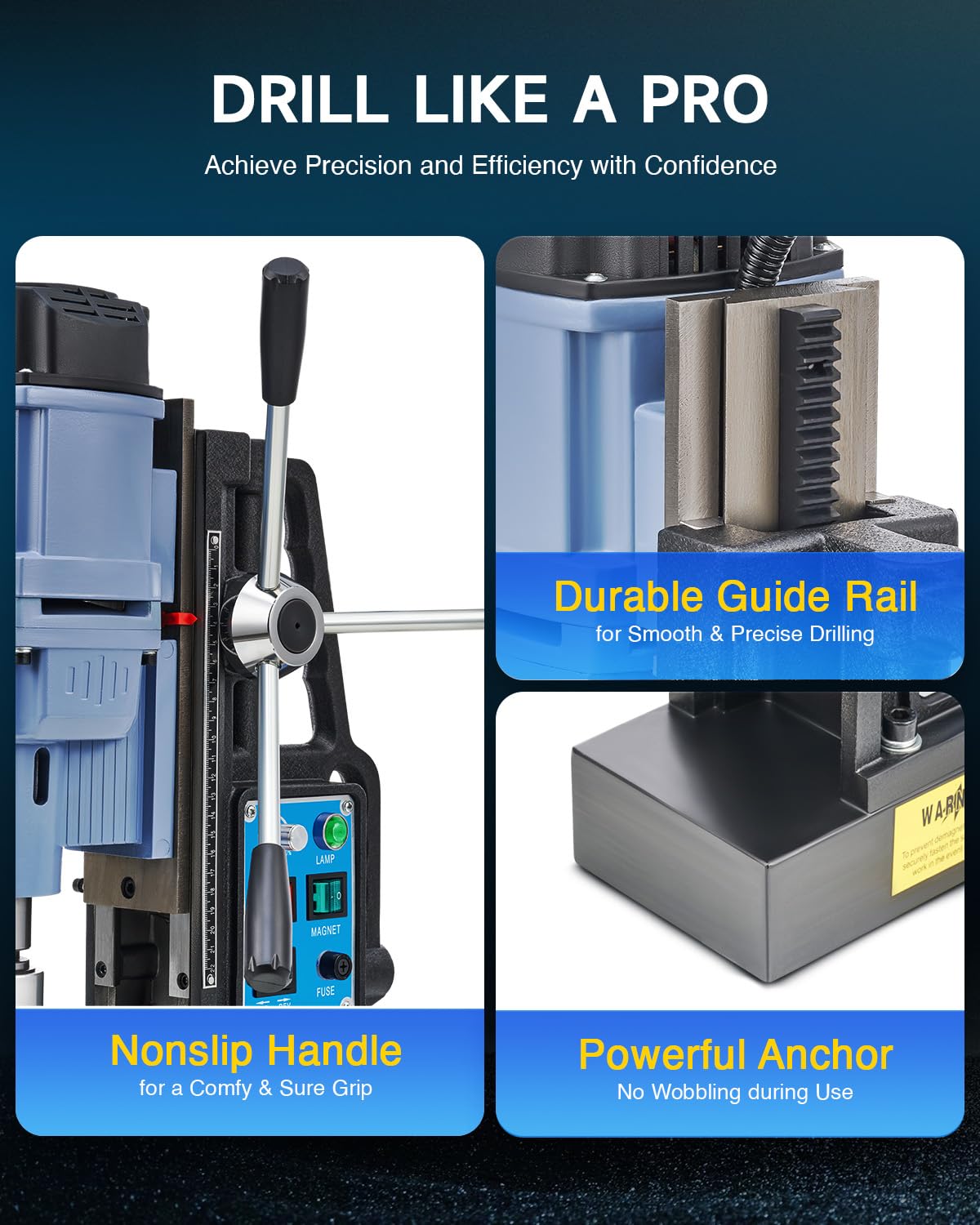 ZELCAN Magnetic Drill Press with 6 Drill Bits, 1550W Mag Drill Press with 2" Dia. 3125 lbf/13900N Mag Force, 650 rpm Power Magnetic Drill with Stepless Speed & Reversible Direction for Metal Surface ZELCAN