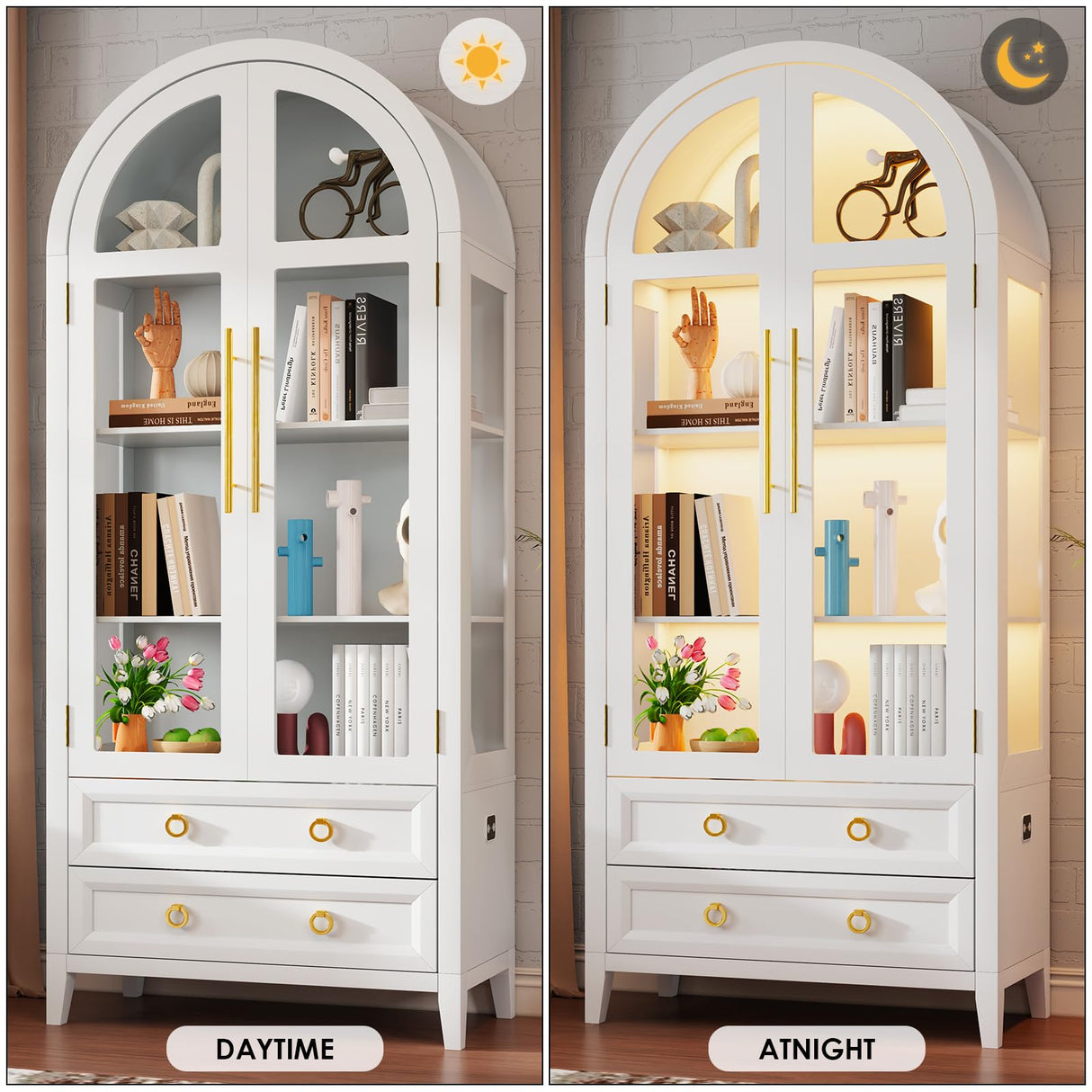 EOAWE Arched Curio Cabinet with Glass Doors, 4-Tier Display Cabinet with 2 Drawers, Tall Bookcase with 3 Color Lights, Display Case, Kitchen Pantry (White) EOAWE