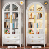 EOAWE Arched Curio Cabinet with Glass Doors, 4-Tier Display Cabinet with 2 Drawers, Tall Bookcase with 3 Color Lights, Display Case, Kitchen Pantry (White) EOAWE