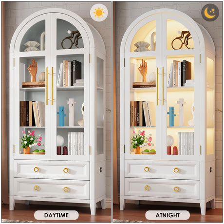 EOAWE Arched Curio Cabinet with Glass Doors, 4-Tier Display Cabinet with 2 Drawers, Tall Bookcase with 3 Color Lights, Display Case, Kitchen Pantry (White) EOAWE