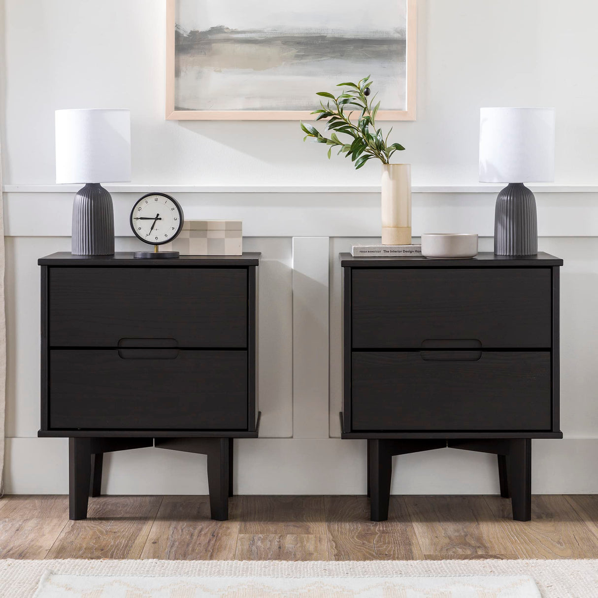 Walker Edison Mid Century Modern Grooved Handle Wood 2 Nightstand Side Bedroom Storage Drawer and Shelf Bedside End Table Set, Set of 2, Black Walker Edison