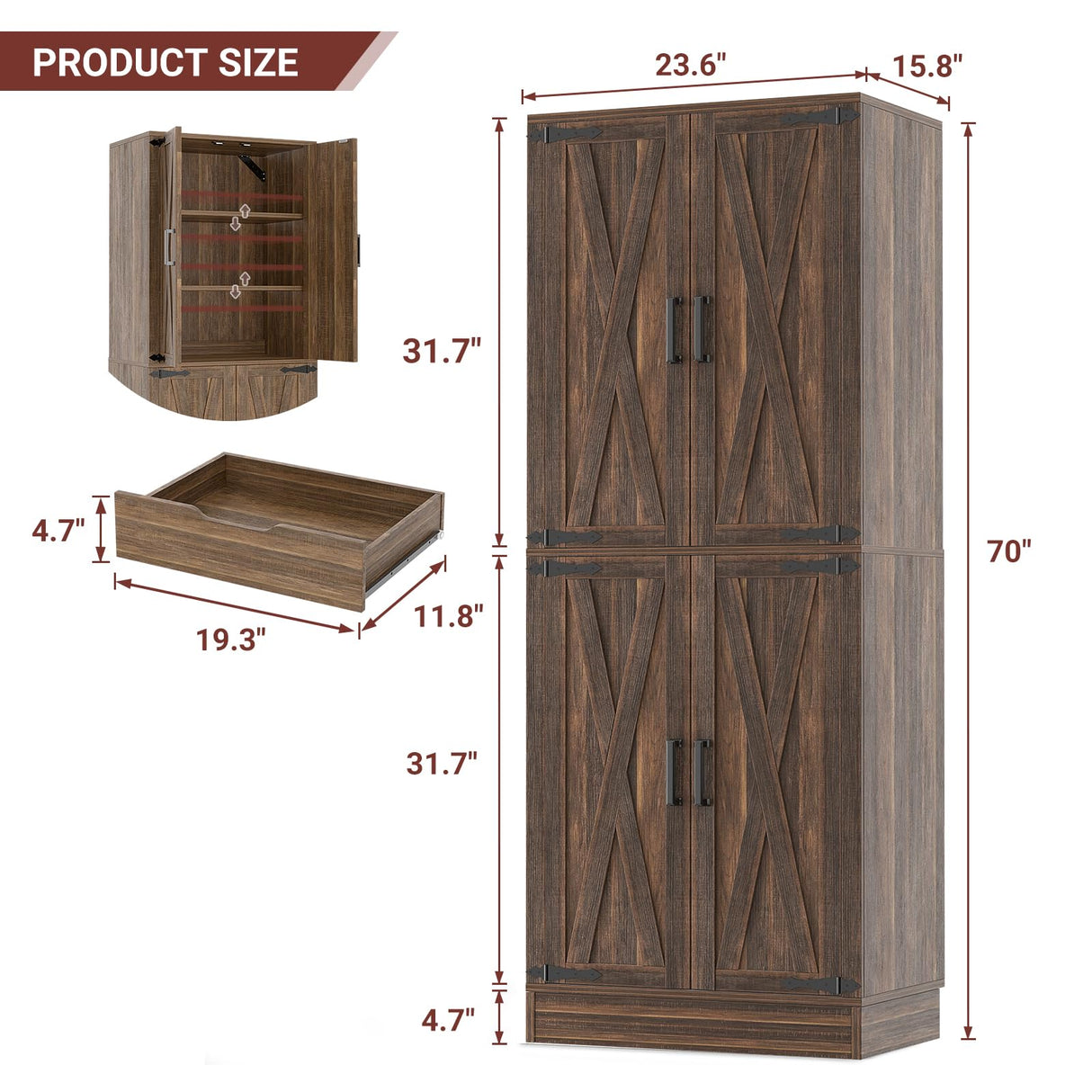 Unikito 71" Farmhouse Kitchen Pantry Storage Cabinet with Barn Doors, Adjustable Shelves & Drawer Organizer, Versatile Tall Storage Cupboard for Dining Room, Bathroom, Utility Room, Weathered Brown Unikito