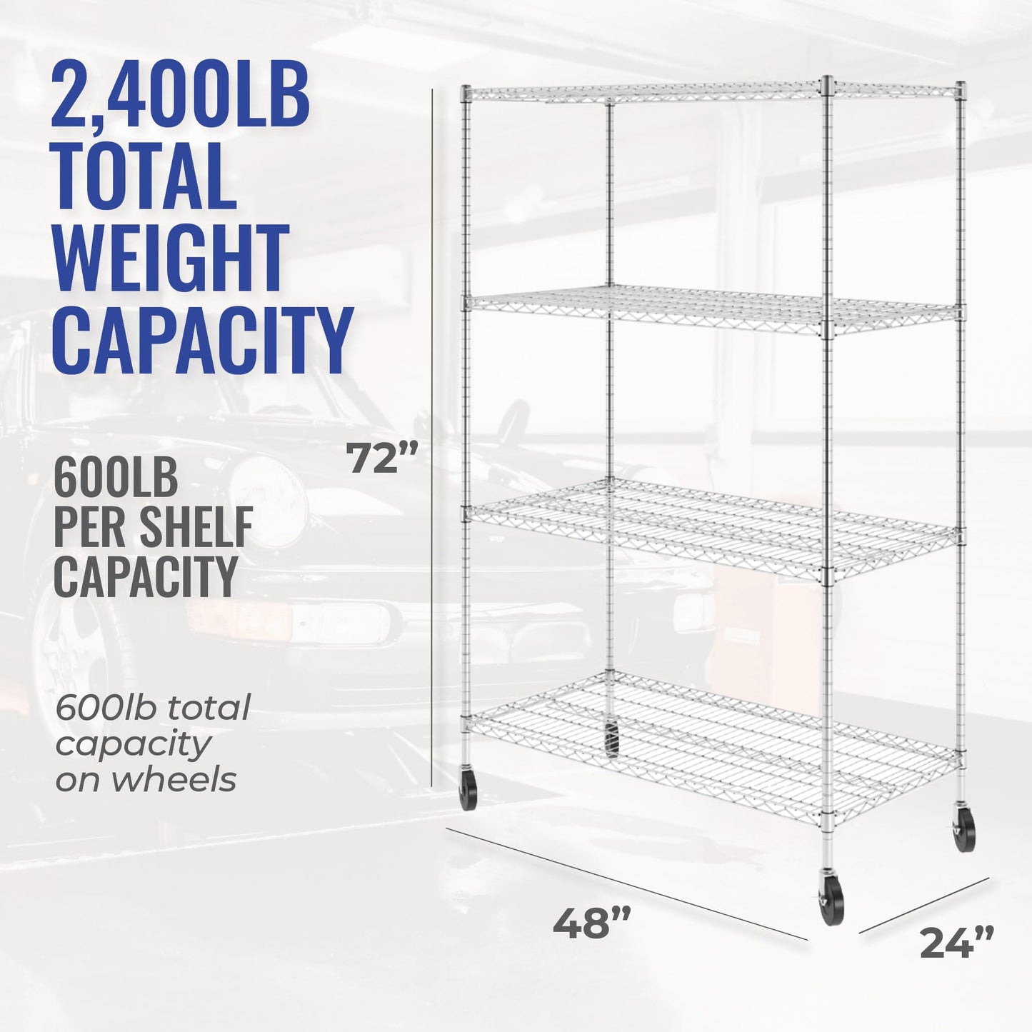 SafeRacks NSF Certified Storage Shelves, Heavy Duty Steel Wire Shelving Unit with Wheels and Adjustable Feet, Used as Pantry Shelf, Garage or Bakers Rack Kitchen Shelving - (24"x48"x72" 4-Tier)