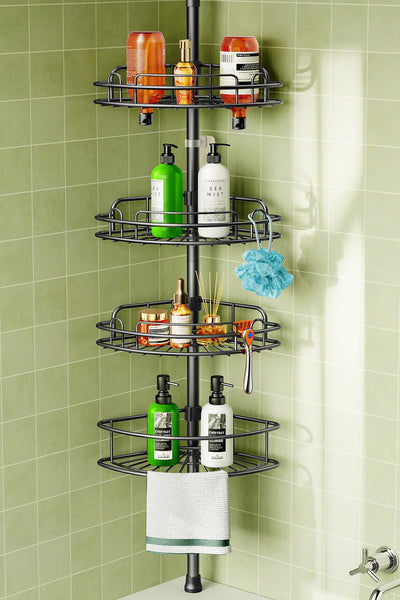 HAMITOR Corner Shower Caddy Tension Pole: 4-Tier Rust-Resistant Adjustable Bathroom Organizer Shelves - 47-121 Inch No-Drill Quick Installation - Space-Saving Storage for Renters Families - Black