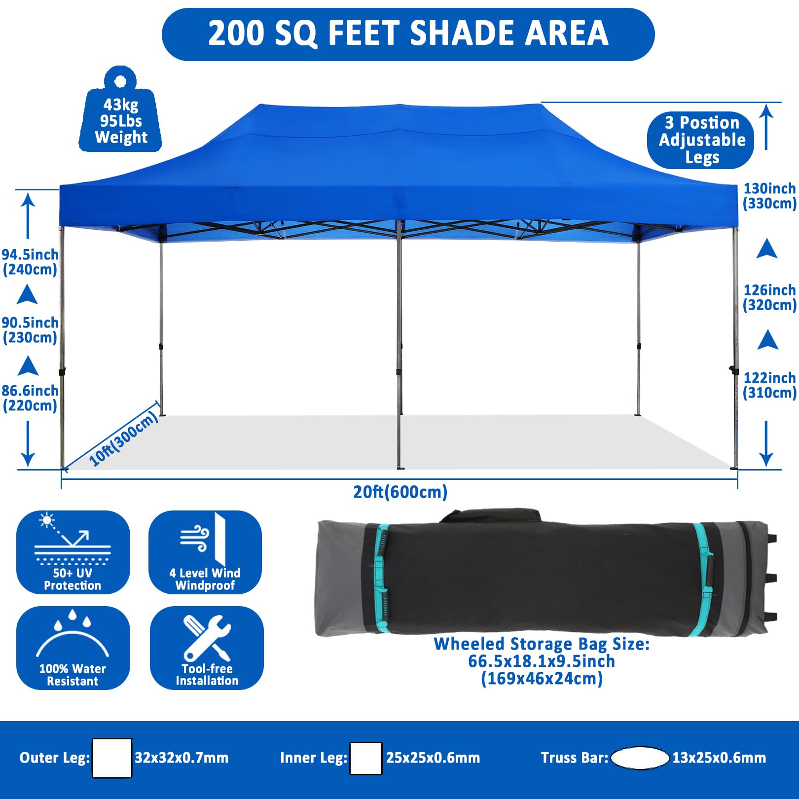 COBIZI 10x20 Pop Up Canopy without Sidewall,Heavy Duty Canopy UPF 50+ All Season Wind Waterproof Commercial Outdoor Wedding Party Tents for Parties Canopy Gazebo with Roller Bag(10 x 20 ft Bl - WoodArtSupply