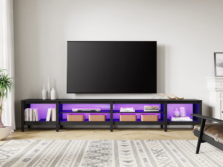 WAMPAT TV Stand for 100 Inch TV with 16 Changable LED Lights, Black Entertainment Center for 80 85 90 inch TV Console Table with 6 Cubby Storage for Living Room Bedroom, 95 inch WAMPAT