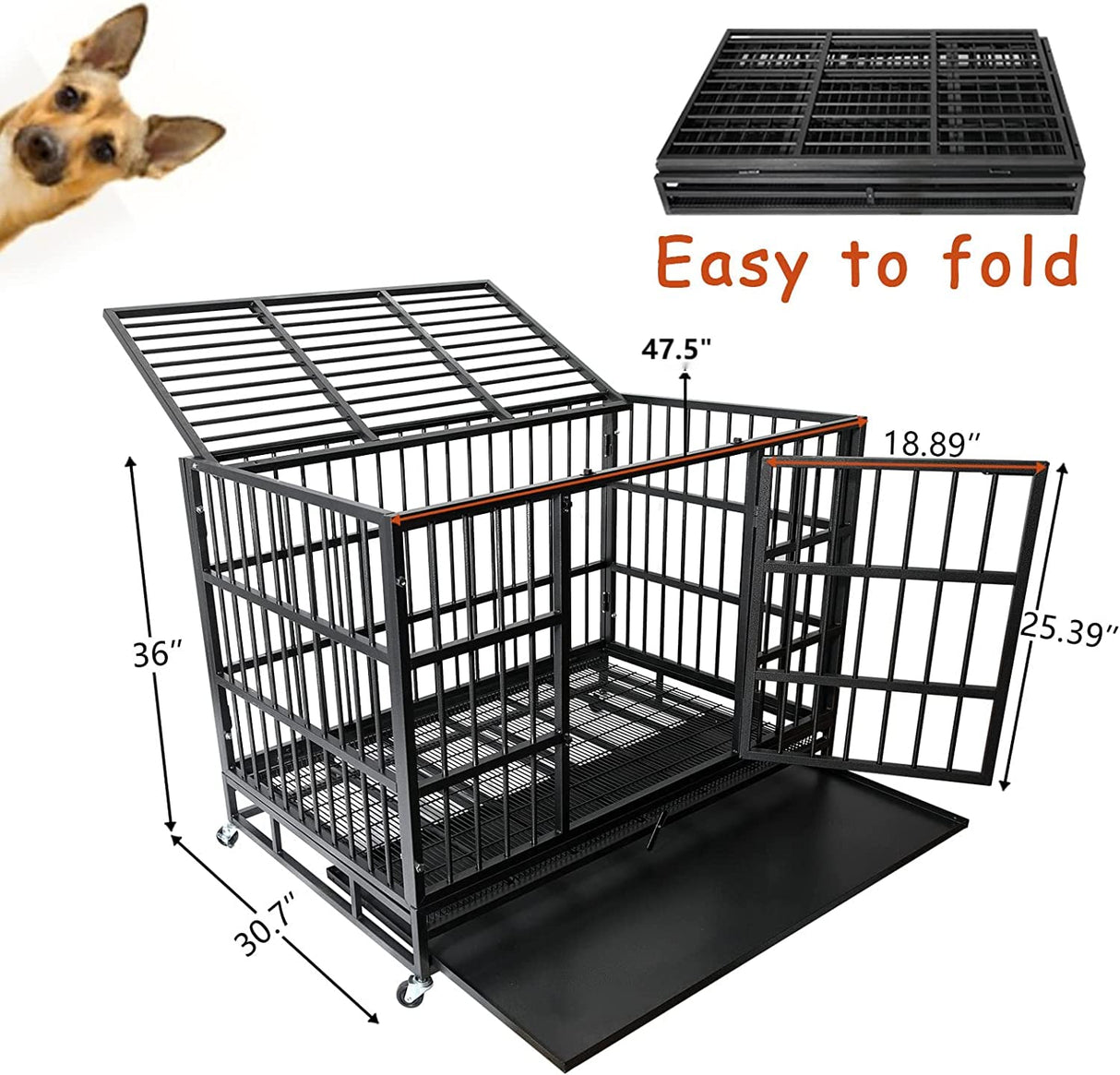 WOKEEN 48/38 Inch Heavy Duty Dog Crate Cage Kennel with Wheels, High Anxiety Indestructible, Sturdy Locks Design, Double Door and Removable Tray, Extra Large XL XXL WOKEEN