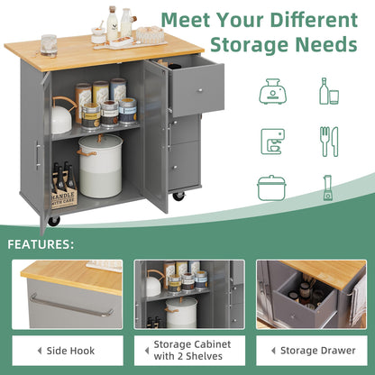 Shintenchi Rolling Kitchen Island Cart with Folding Drop Leaf Breakfast Bar, Portable Trolley Island with Large Storage Cabinet, Shelf and Drawer, Gray