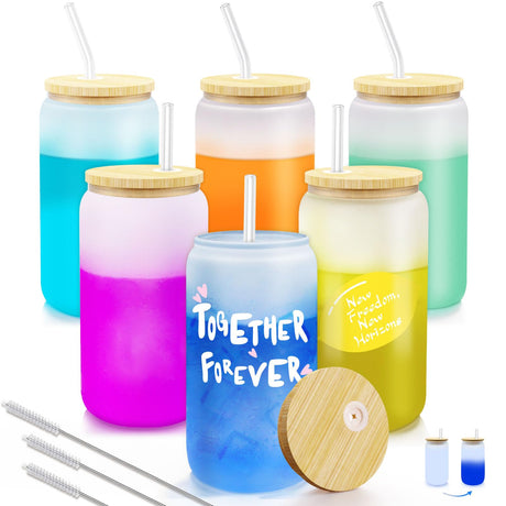 Color Changing Sublimation Glass Cups with Lids and Straws,16oz Frosted Sublimation Glass Can,Glass Cup with Bamboo Lid and Straw,Beer Can Glasses/iced Coffee Tumbler/Soda Drinking Cup,Funny Gifts Homegician
