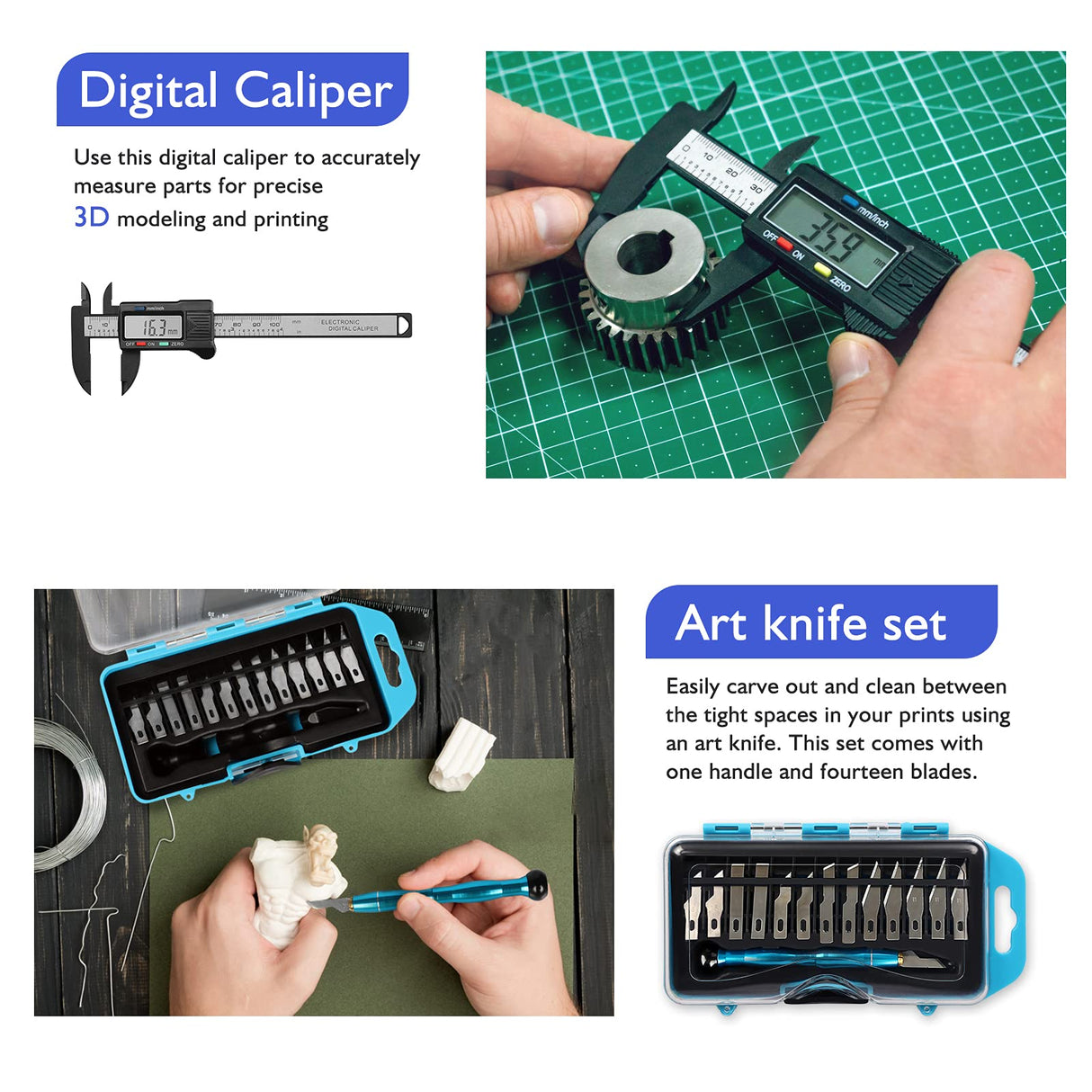 YEETIN 45 Pieces 3D Printer Tools Kit, 3D Printing Accessory Includes Deburring Tool, Digital Caliper, Art Knife Set, Tube Cutter, Storage Bag Suitable for 3D Print Removing, Cleaning, Finishing YEETIN