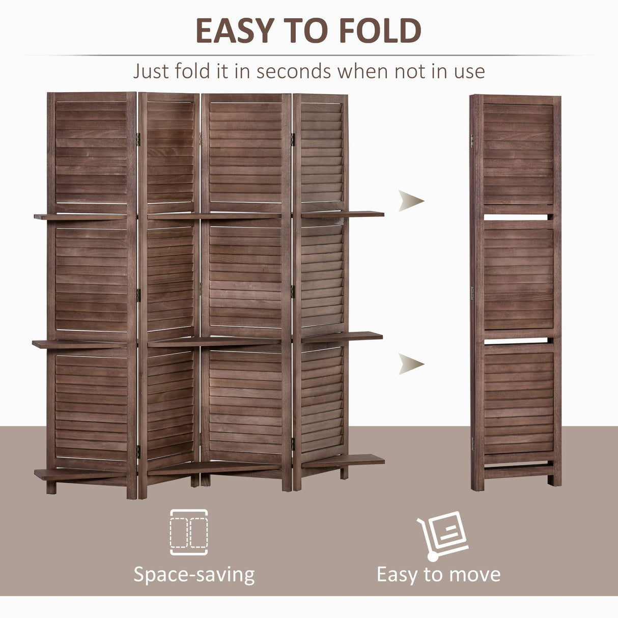 HOMCOM Room Divider, 4 Panel 67" Tall Wood Privacy Screen with 3 Display Shelves, and Folding Storage for Bedroom or Home Office, Walnut HOMCOM