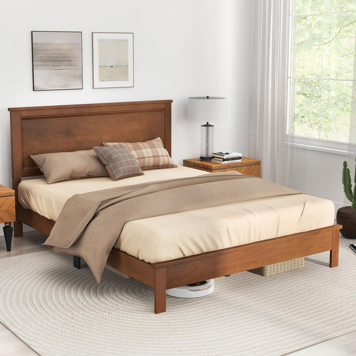 Giantex Mid Century Walnut Queen Platform Bed Frame with Elegant Headboard and Solid Wood Support Giantex