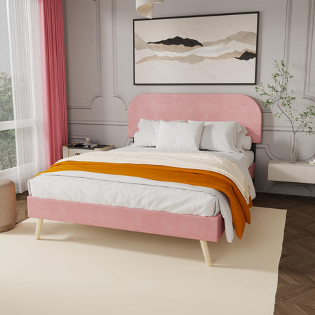 Chenoa Tufted Upholstered Platform Bed Frame with Linen Height Headboard, Wood slats, No Box Spring Needed Easy Assembly (Light Pink Queen) Chenoa