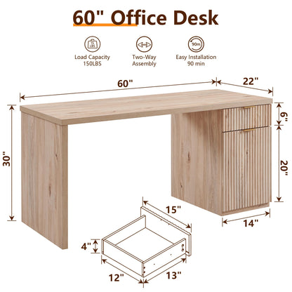 JXQTLINGMU 60" Modern Executive Desk with Storage, Wood Home Office Desk with Drawer & Cabinet, Fluted Computer Writing Desk for Study, Living Room, Bedroom, Antique White - WoodArtSupply