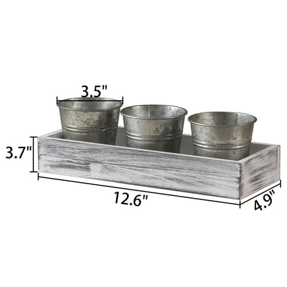 SOFE Herb Garden Planter Indoor, Windowsill Metal Planter Set of 3 with Wood Tray, Farmhouse Flower Pot Galvanized Bucket Planter, Small Potting Pots for Rosemary, Basil, Cilantro