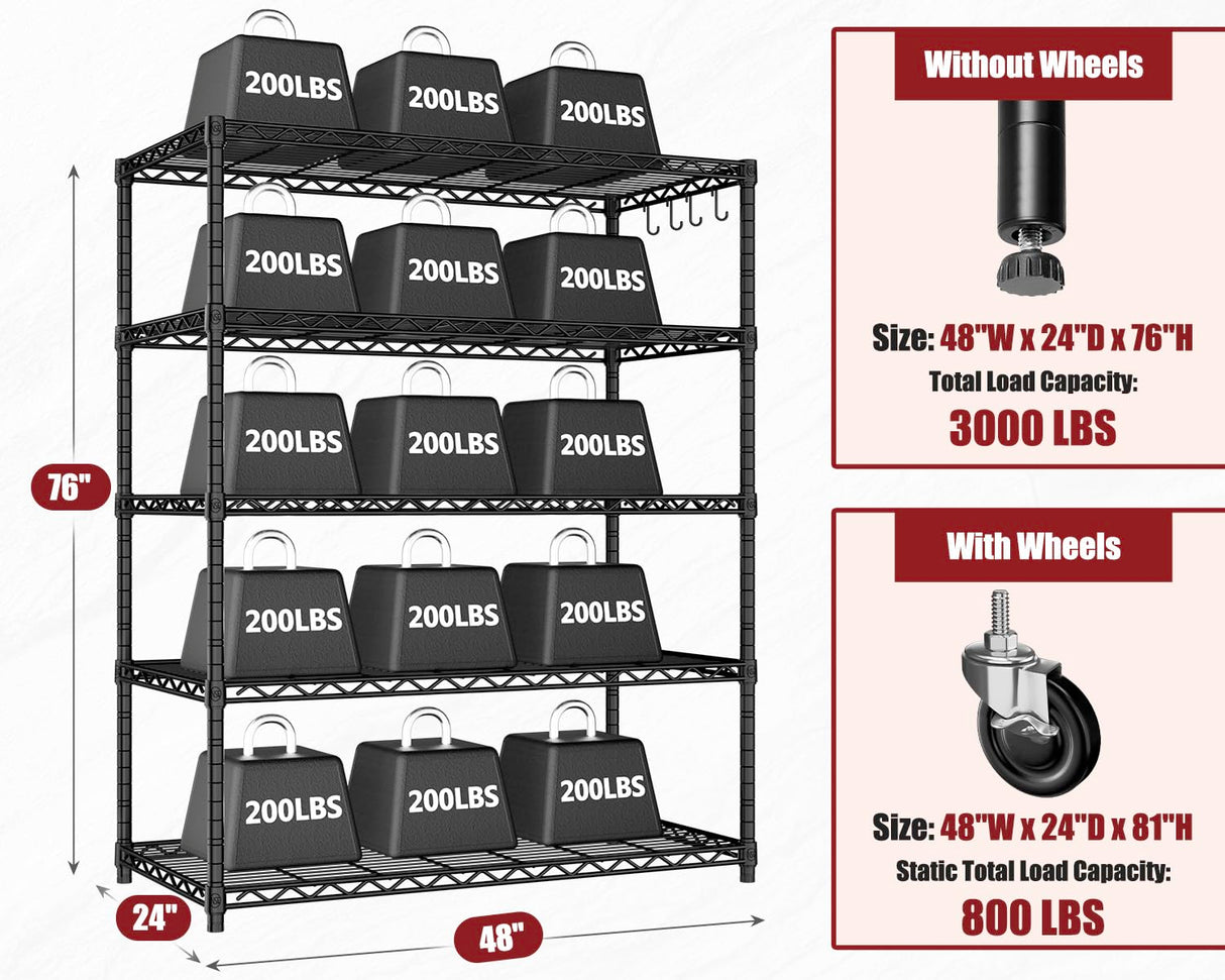 PrimeZone 48" W x 24" D x 81" H Heavy Duty Wire Storage Shelves with Wheels, 5 Tier Adjustable NSF Certified Garage Shelving Unit, Rolling Metal Organizer Shelf Utility Rack for Warehouse, Pantry PrimeZone