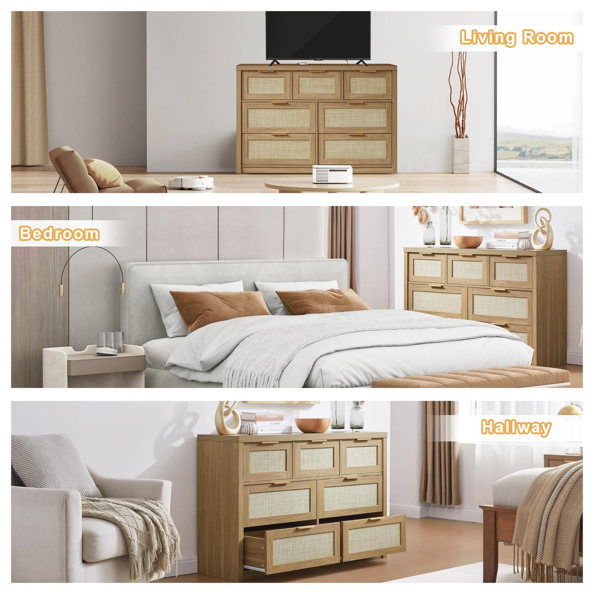 OAKHAM HOME 7 Drawers Dresser, Rattan Dresser TV Stand for Bedroom Closet, Wood Chests of Drawers with Metal Handle and Wide Drawers, 52.76" W x 17.71" D x 31.69" H OAKHAM HOME