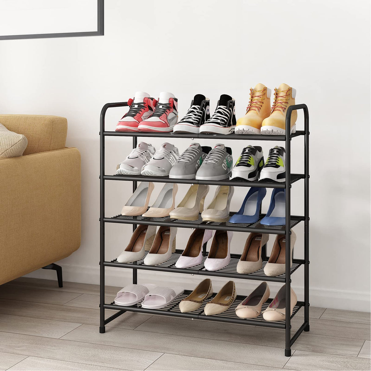Simple Trending 5-Tier Stackable Shoe Rack, Expandable & Adjustable Shoe Organizer Storage Shelf, Wire Grid, Black Simple Trending