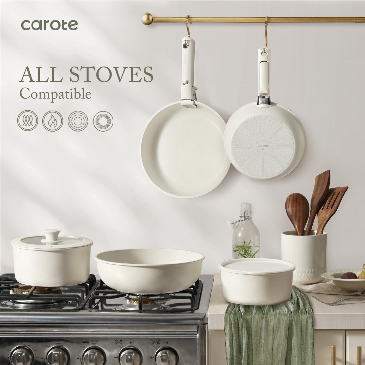 CAROTE 23pcs Pots and Pans Set Non Stick, Cookware Sets, Kitchen Set, Oven/Dishwasher/Fridge Safe, Space Saving Pots Set, Nonstick Set with Versatile Detachable Handle, Induction RV Set, Cream CAROTE