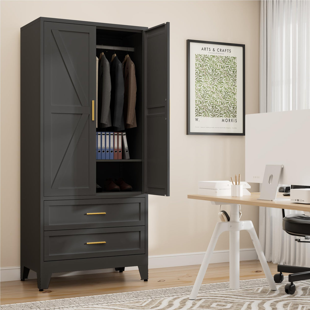 LCAOPC 71" Tall Metal Wardrobe Cabinet with 2 Drawers and Hanging Rod, 2 Doors Armoire Wardrobe Closet with Shelf for Bedroom, Office, Laundry Room, Black LCAOPC